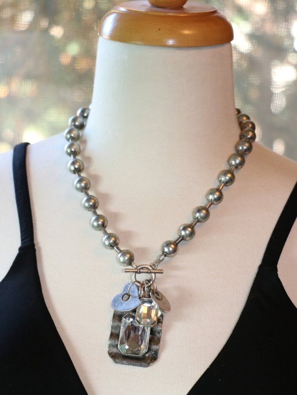 Distressed Brass Silver Large Ball and Chain ClusterPendant Toggle Clasp